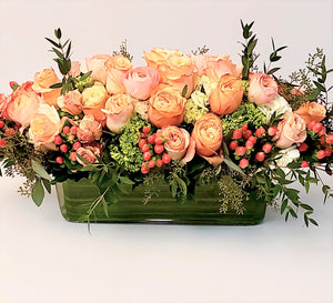 F113 - Classic Peaches and Corals Centerpiece - Flowerplustoronto