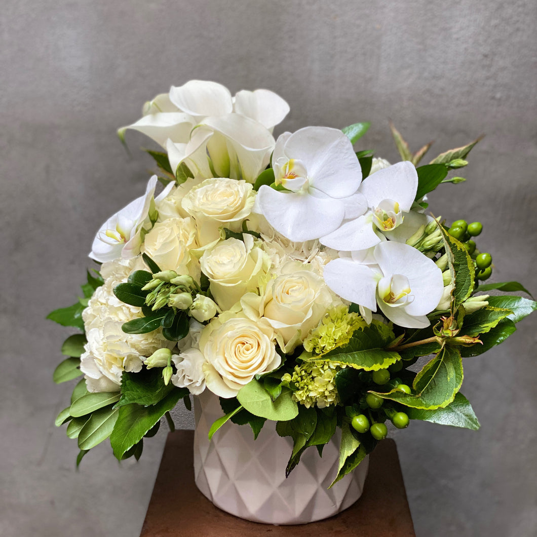 F259 - Modern White and Green Vase Arrangement in White Ceramic Planter - Flowerplustoronto