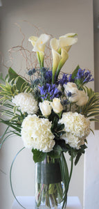 F136 - White and Blue Tall Vase Arrangement - Flowerplustoronto