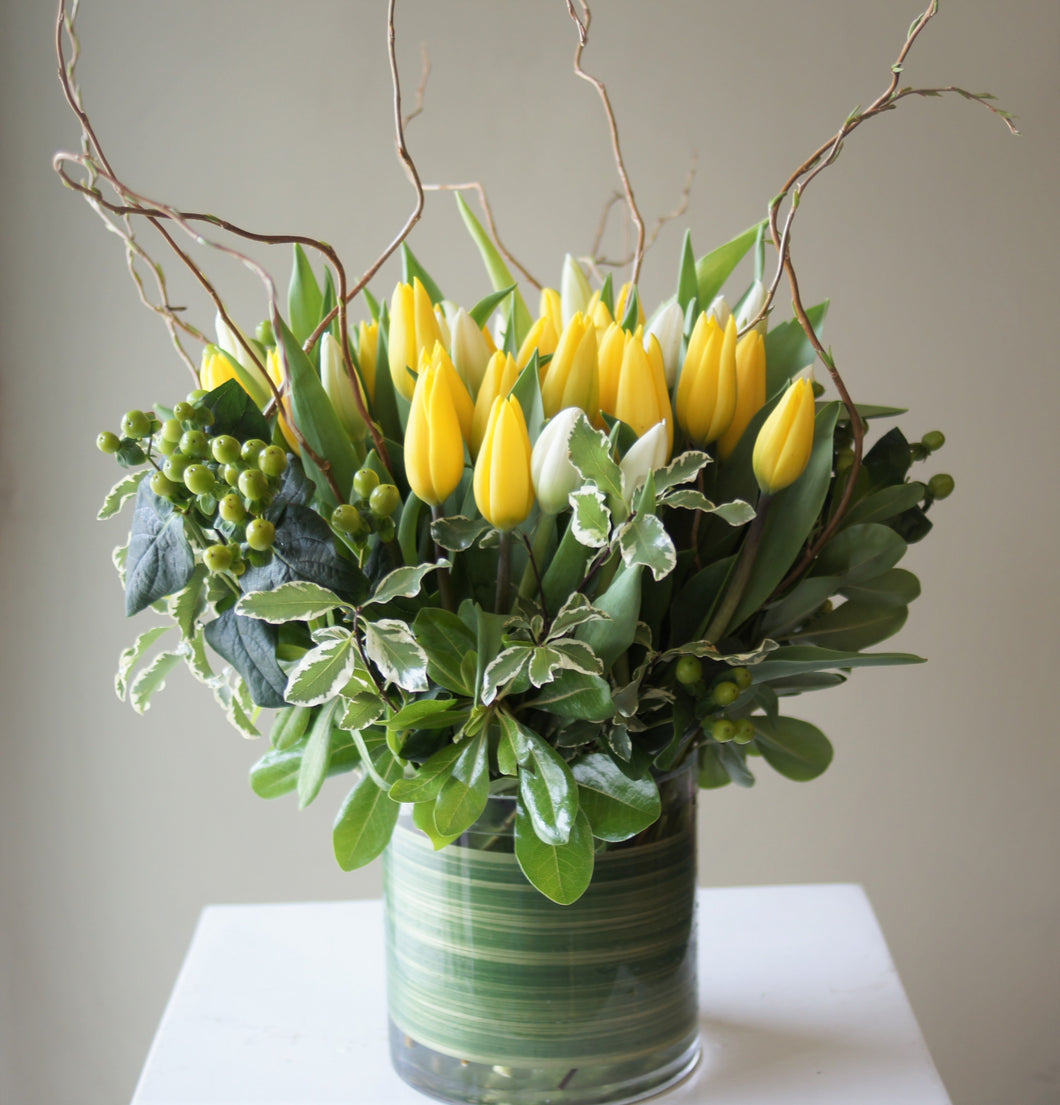 F150 - Tulips in Vase (Tulip Colours based on Availability) - Flowerplustoronto
