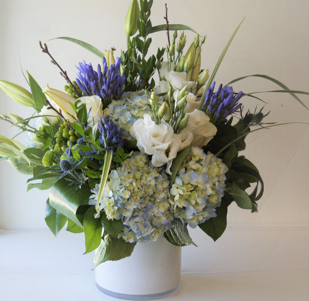 F156 - White and Blue Vase Arrangement - Flowerplustoronto