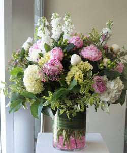 F213 - Lush White Vase Arrangement with Light Pink accent - substituting w/ medium pink peonies - Flowerplustoronto