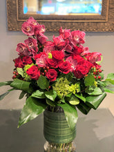 Load image into Gallery viewer, V10 - Lush Red Rose and Cymbidium Arrangement (1 week lead time for burgundy orchids, will substitute w/ pink orchids) - Flowerplustoronto
