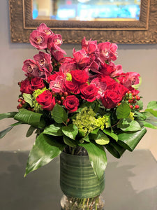 V10 - Lush Red Rose and Cymbidium Arrangement (1 week lead time for burgundy orchids, will substitute w/ pink orchids) - Flowerplustoronto