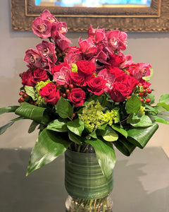 V10 - Lush Red Rose and Cymbidium Arrangement (1 week lead time for burgundy orchids, will substitute w/ pink orchids) - Flowerplustoronto