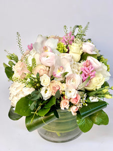 F102- White and Pink Vase Arrangement (Pink hyacinth not available & Orchid colour based on availability - white, light pink or dark pink) - Flowerplustoronto