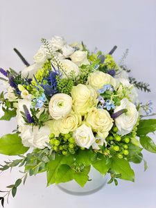 F77 - White, Purple and Blue Vase Arrangement - Flowerplustoronto