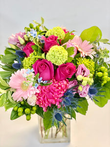 F5 - Spring Vase Arrangement (hot pink commercial mum sold out -substituting either white hydrangeas or purple commercial mum) - Flowerplustoronto