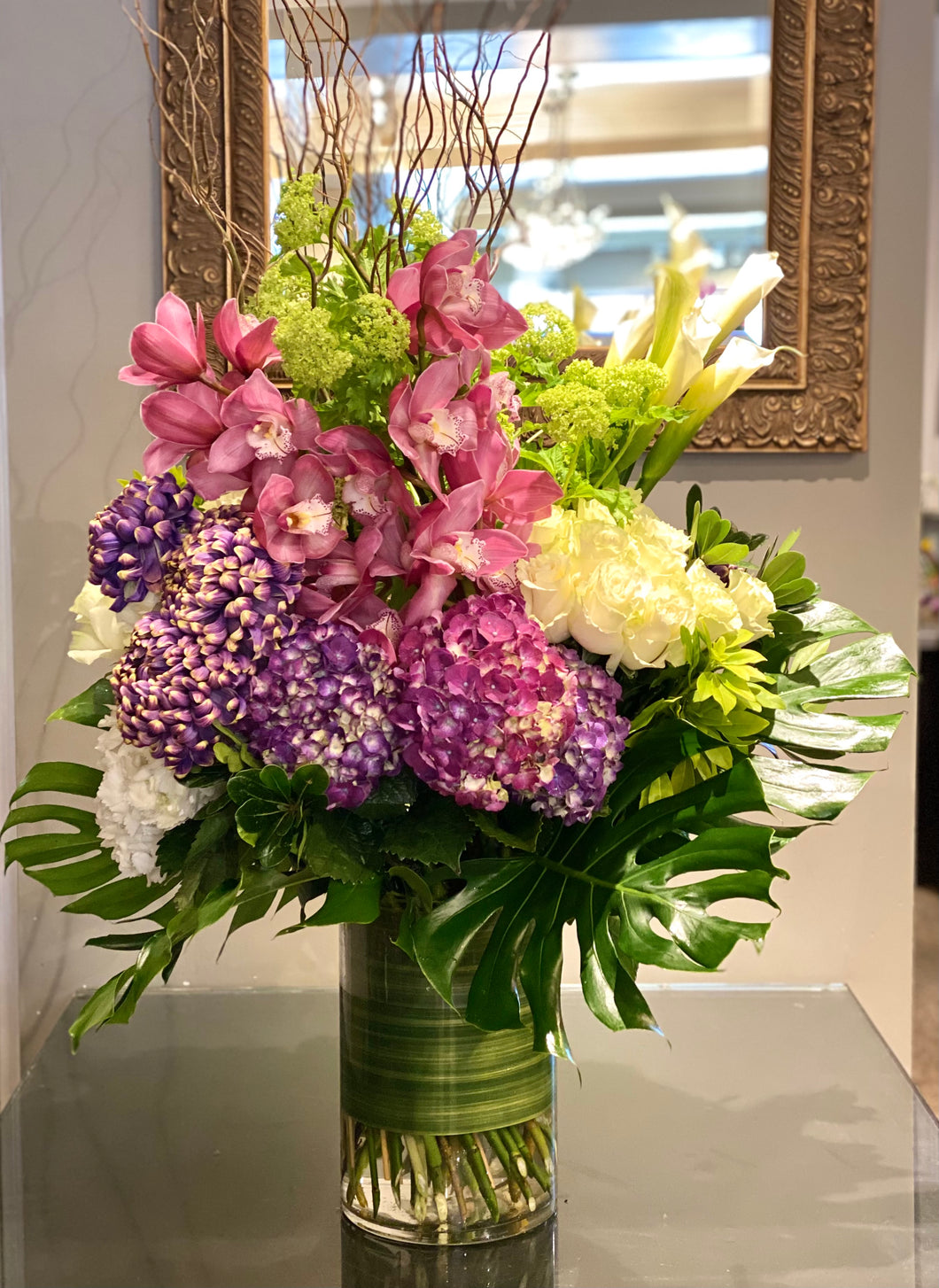 F252 - Luxurious Modern Pastel Vase Arrangement (Cymbidium orchid colours based on availability - white or light pink or dark pink) - Hydrangeas colours based on availability - white or purpl