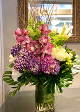 Load image into Gallery viewer, F252 - Luxurious Modern Pastel Vase Arrangement (Cymbidium orchid colours based on availability - white or light pink or dark pink) - Hydrangeas colours based on availability - white or purpl
