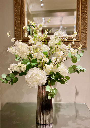 S70 - Shades of White Arrangement accented with Silver Dollar Eucalyptus - Flowerplustoronto