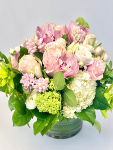 F220 - Lush White and Pink Vase Arrangement  (will substitute pink hyacinth) - Orchid colour based on availability - white, light pink or dark pink - Flowerplustoronto
