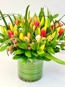 F221 - Tulips in Vase (Tulip Colours based on Availability) - Flowerplustoronto