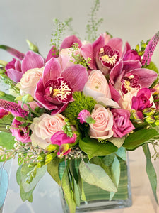 F115 - Pretty in Pink Arrangement (Substituting for white ranunculus and orchids will be light or medium or dark pink) - Flowerplustoronto