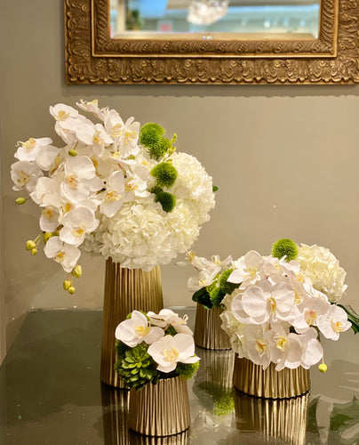 S58 - Modern White Phalaenopsis Orchids and Hydrangeas in Series Arrangement for Round Foyer Table - Flowerplustoronto