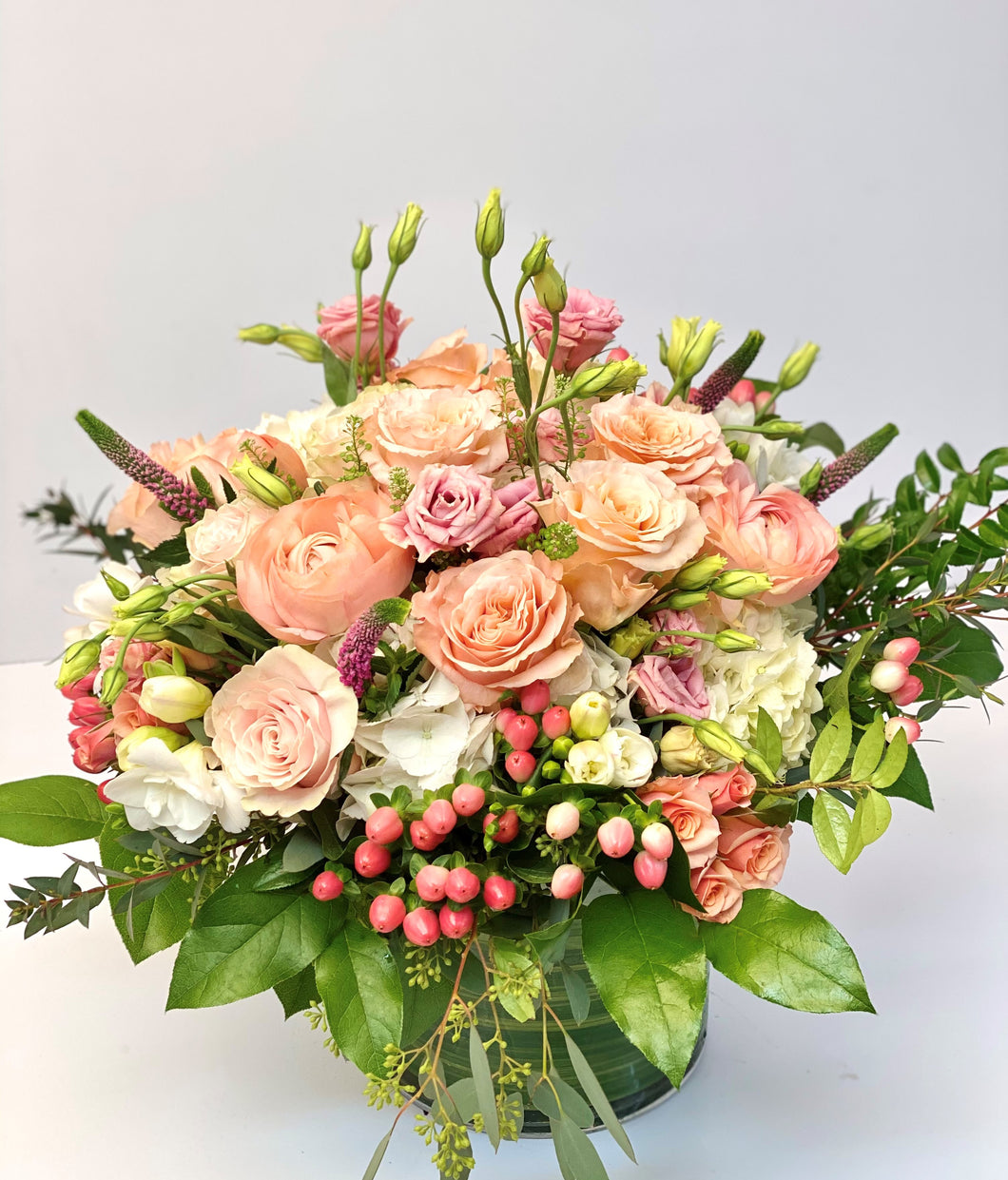 F210 - Pale Pink, Peach and White Vase Arrangement - Flowerplustoronto