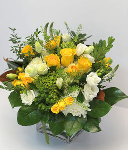 F80 - White and Yellow Arrangement (yellow ranunculus sold out, substitute with yellow roses) - Flowerplustoronto