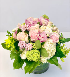 F220 - Lush White and Pink Vase Arrangement  (will substitute pink hyacinth) - Orchid colour based on availability - white, light pink or dark pink - Flowerplustoronto