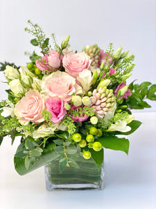 F118 - White and Pink Vase Arrangement (Will substitute pink hyacinth) - Flowerplustoronto