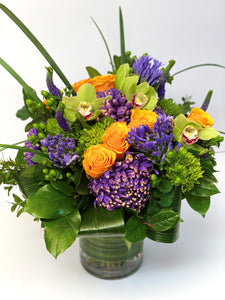 F27 - Modern Orange, Purple and Chartreuse Vase Arrangement - Flowerplustoronto