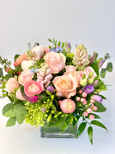 F103 - English Garden Spring Pastel Arrangement (Will substitute pink hyacinth and small purple freesia) - Flowerplustoronto