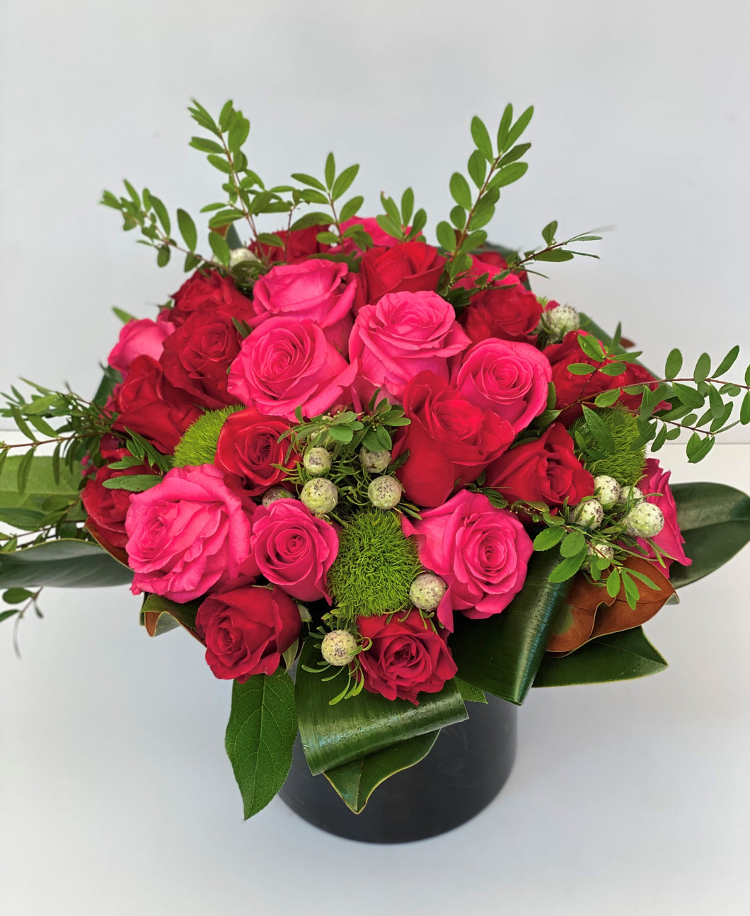 F85 - Red and Hot Pink Rose Nosegay Arrangement - Flowerplustoronto