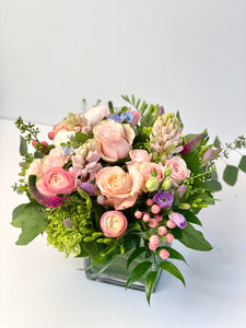 F103 - English Garden Spring Pastel Arrangement (Will substitute pink hyacinth and small purple freesia) - Flowerplustoronto