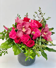 Load image into Gallery viewer, F73 - Red and Hot Pink Rose Nosegay accented with Cymbidium Orchids (Orchid colour based on availability - white, light pink or dark pink) - Flowerplustoronto
