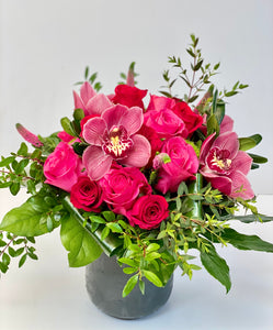F73 - Red and Hot Pink Rose Nosegay accented with Cymbidium Orchids (Orchid colour based on availability - white, light pink or dark pink) - Flowerplustoronto