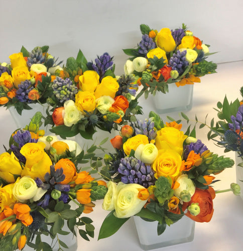 E28 - Purple, Yellow and Orange Centerpieces - Series Design, price per arrangement - Flowerplustoronto