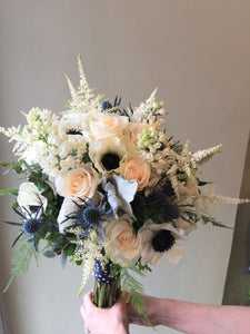 Anenome and Blue Thistle Hand-tied Bridal Bouquet - Flowerplustoronto