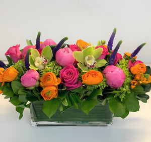 E29 - Hot Pink, Orange, Purple and Chartreuse Rectangular Centerpieces - Series Design, price per arrangement - Flowerplustoronto