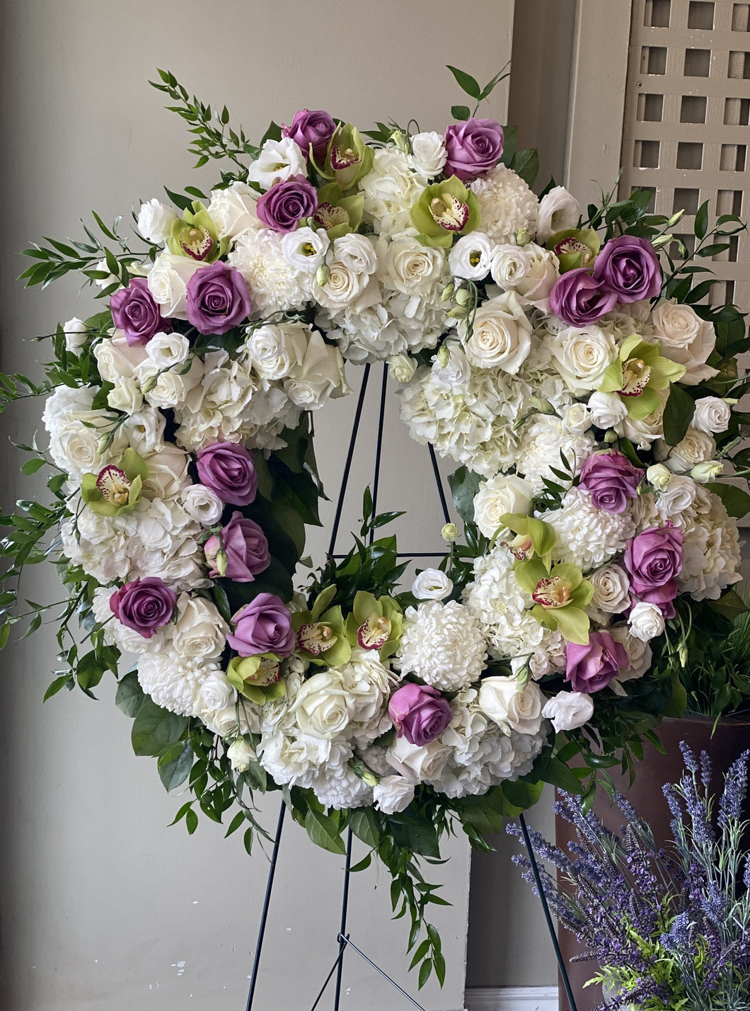 FNS32 - White, Purple and Chartreuse Wreath - Flowerplustoronto