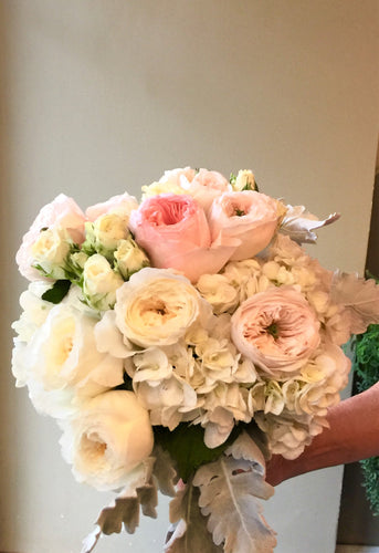 Delicate Blush, Light pink and Ivory Hand-tied Bridal Bouquet - Flowerplustoronto