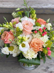 F54 - Summery Peaches, Corals and White Vase Arrangement - Flowerplustoronto
