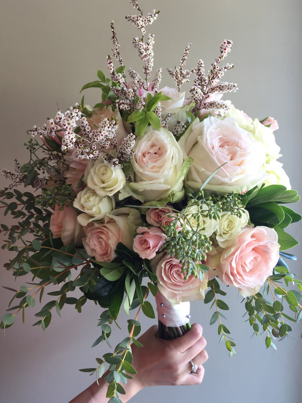 Elegant White and Blushes Hand-tied Bridal Bouquet - Flowerplustoronto
