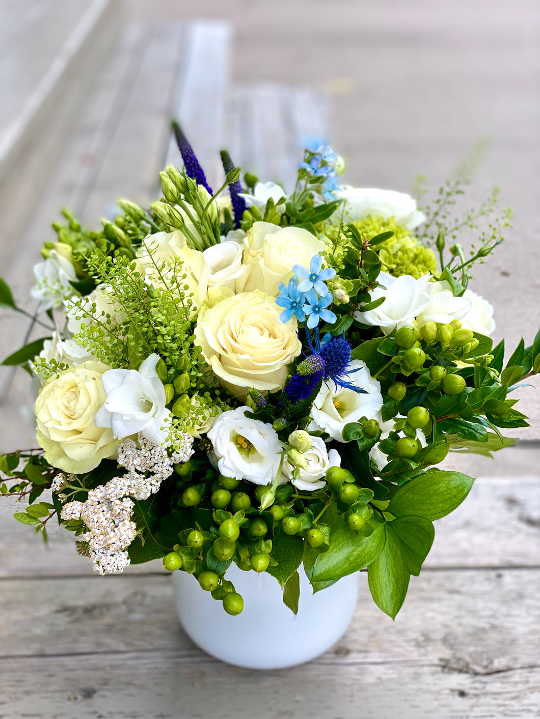 F226 - Stylish White, Purple and Blue Vase Arrangement - Flowerplustoronto