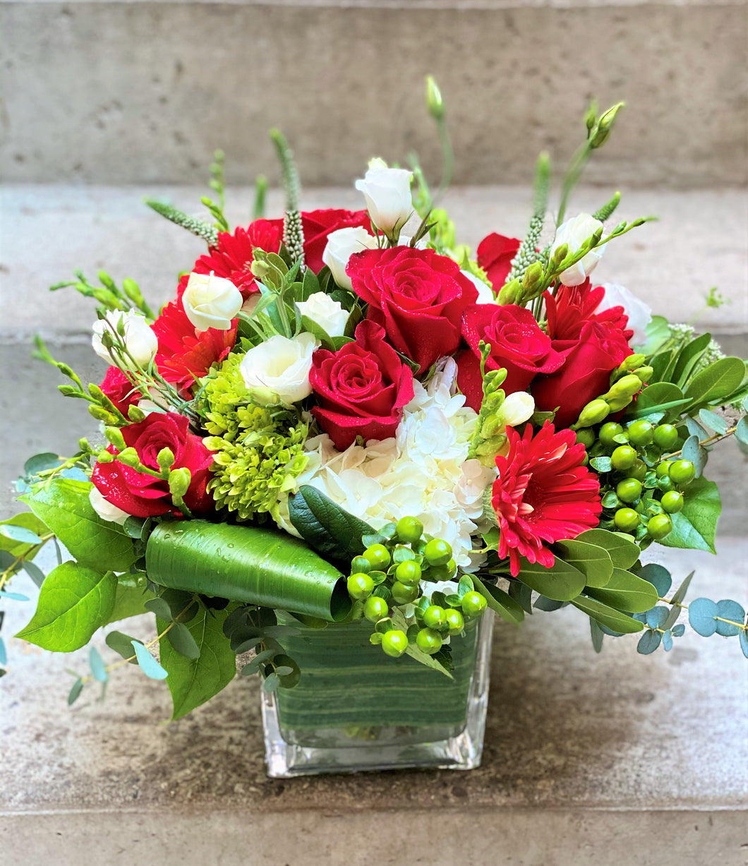 F181 - Bold Red & White Vase Arrangement - Flowerplustoronto