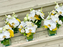 Load image into Gallery viewer, E52 - A Runner of Yellow and White Centerpieces, price per arrangement - Flowerplustoronto
