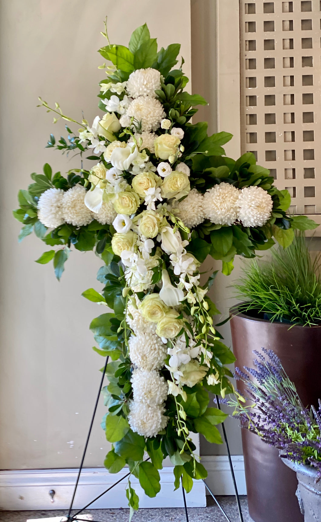 FNS60 - Cross accented with White Roses and Orchids - Flowerplustoronto