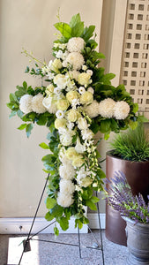 FNS60 - Cross accented with White Roses and Orchids - Flowerplustoronto