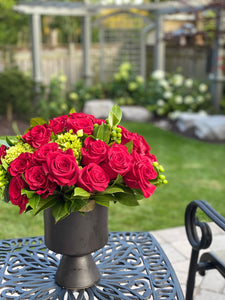 F171- Modern Arrangement of Red Roses with Green Hydrangeas - Flowerplustoronto
