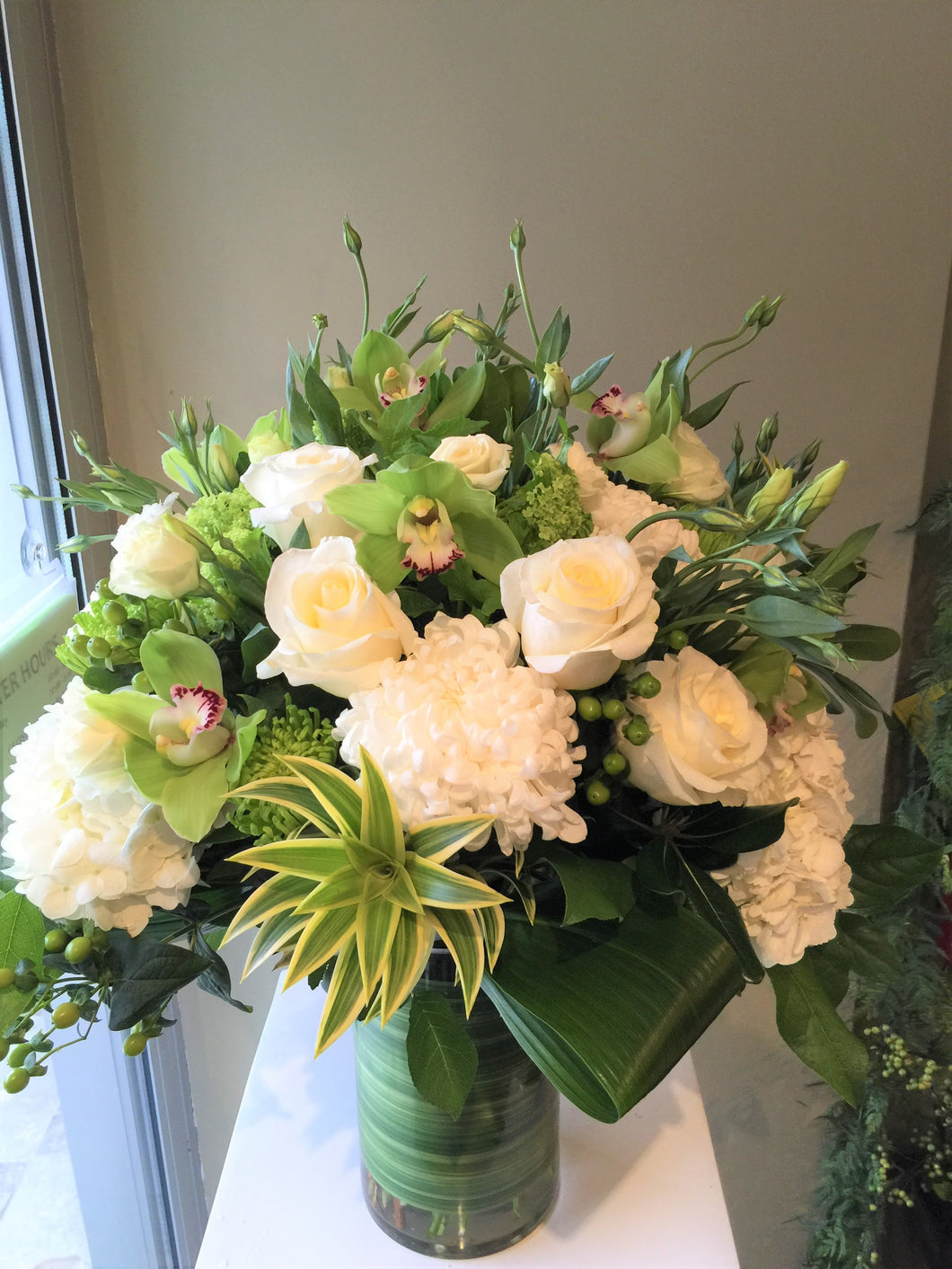 F169 - Elegant White and Chartreuse Vase Arrangement - Flowerplustoronto