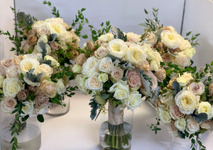Nudes and Ivory Hand-tied Bridal Bouquet and Bridesmaids Bouquets - Flowerplustoronto