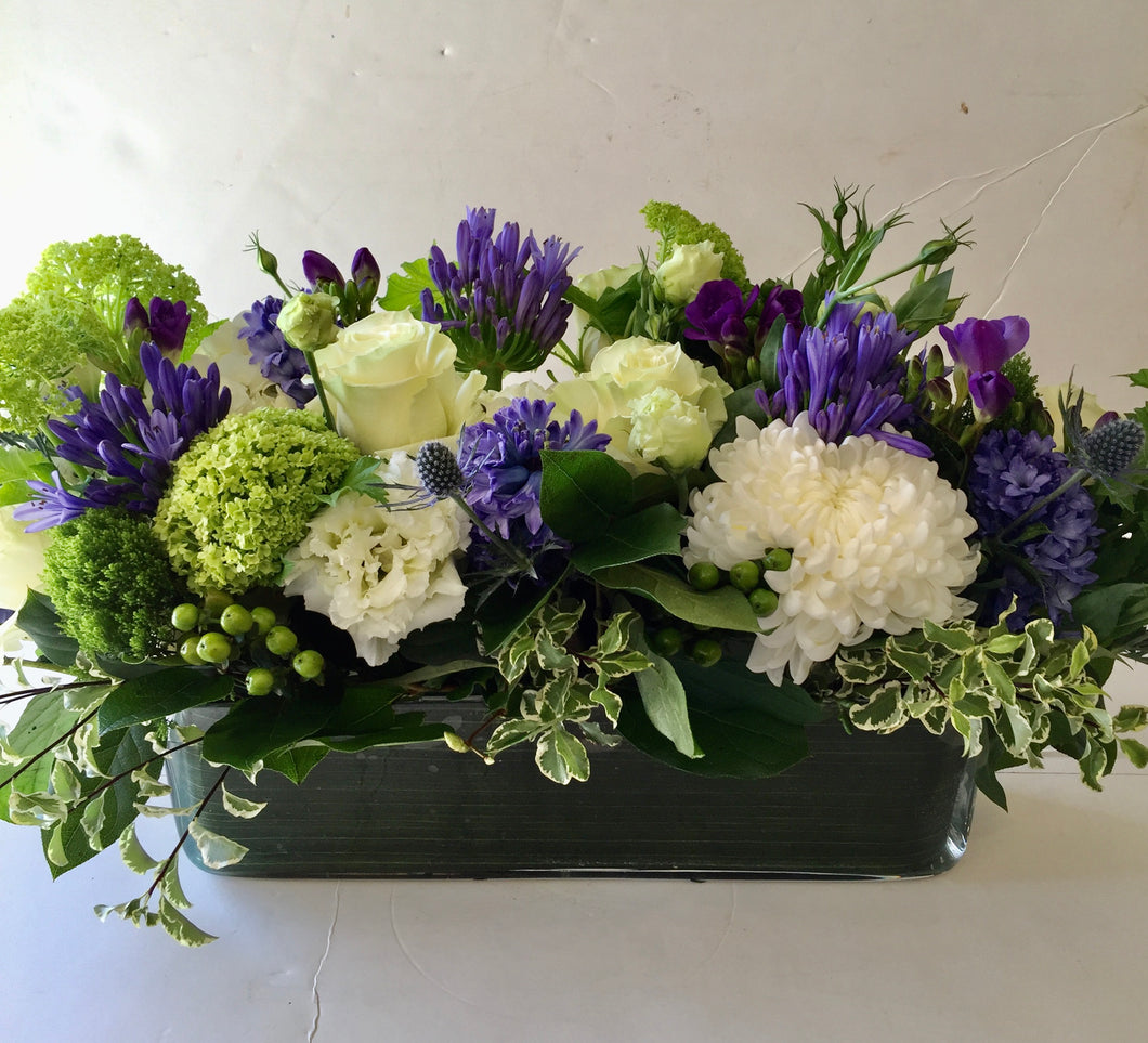 F157 - Modern White and Purple Rectangular Centerpiece (Purple freesia and purple hyacinth are not available, will substitute) - Flowerplustoronto