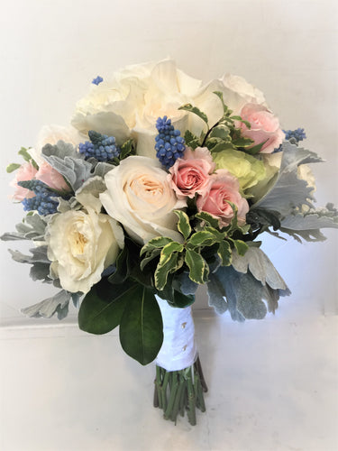 Blush, White and Light Blue Hand-tied Bridal Bouquet - Flowerplustoronto