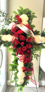 FNS5 - Cross accented with Red Roses - Flowerplustoronto