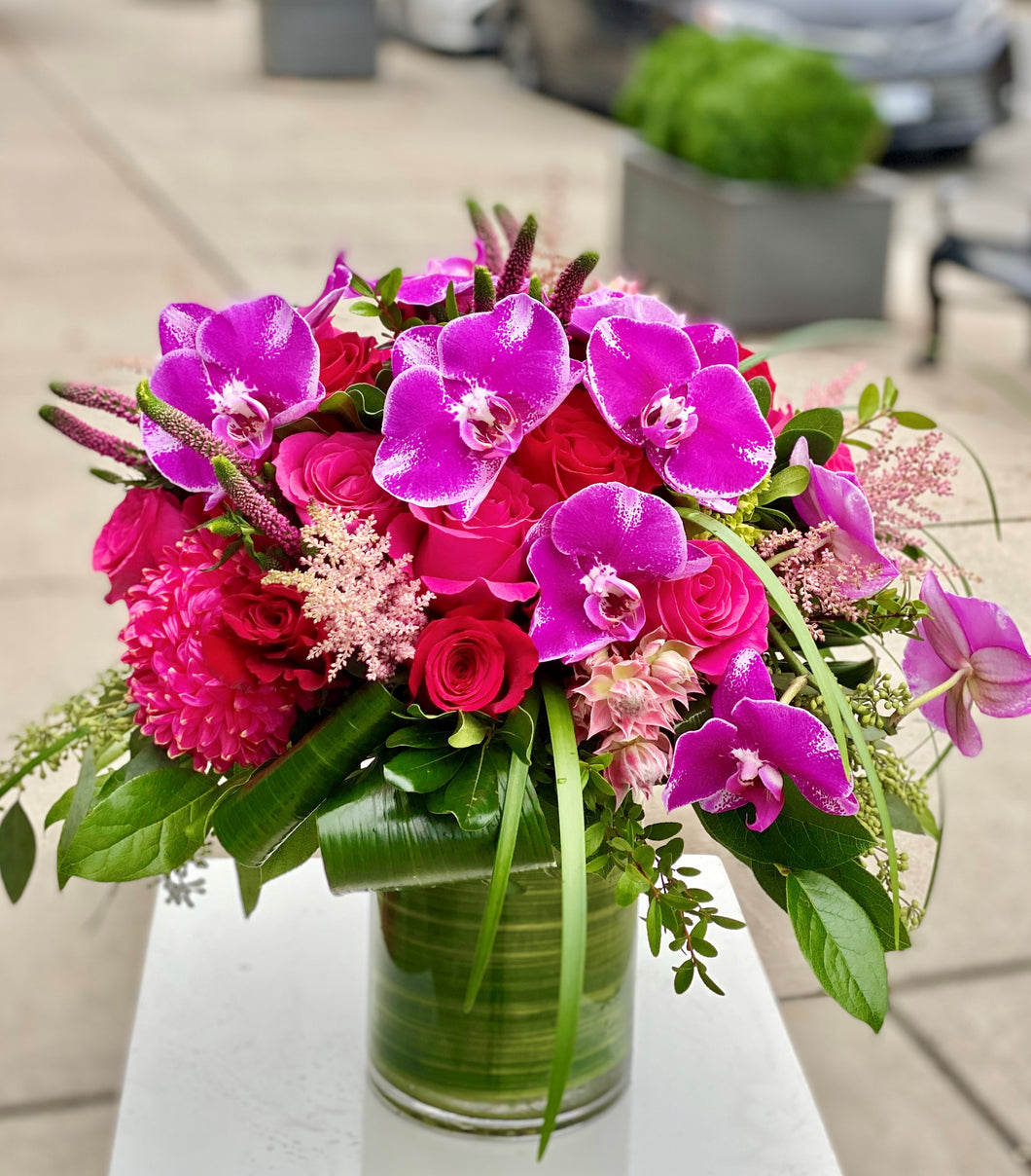 F112 - Modern Vase Arrangement - (Hot pink commercial mum n/a & Orchid colours based on availability - 2 tone or solid pink or solid purple) - Flowerplustoronto