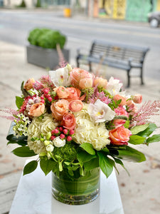 F185 - Peach and Apricot Vase Arrangement (Orchid colour based on availability - white, green or pink) - Flowerplustoronto