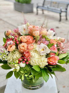 F185 - Peach and Apricot Vase Arrangement (Orchid colour based on availability - white, green or pink) - Flowerplustoronto